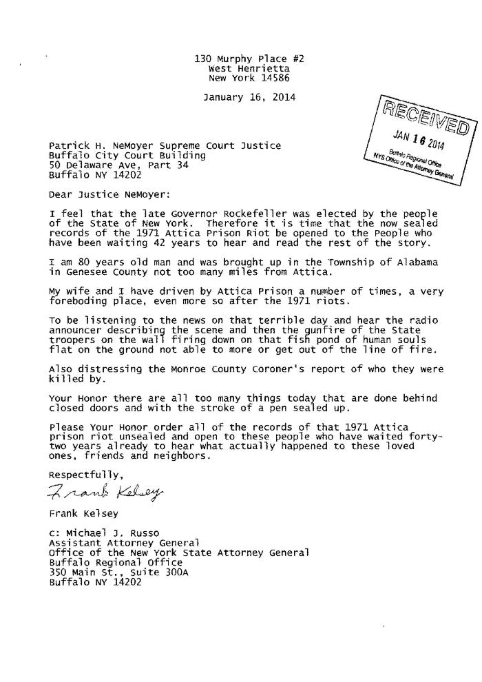 Letter from Frank Kelsey in support for the release of the Meyer Report, In the Application for a Judicial Determination as to the publication of Volumes 2 and 3 of the Meyer Report before the Honorable Patrick H. NeMoyer, State of New York Supreme Court, County of Wyoming.