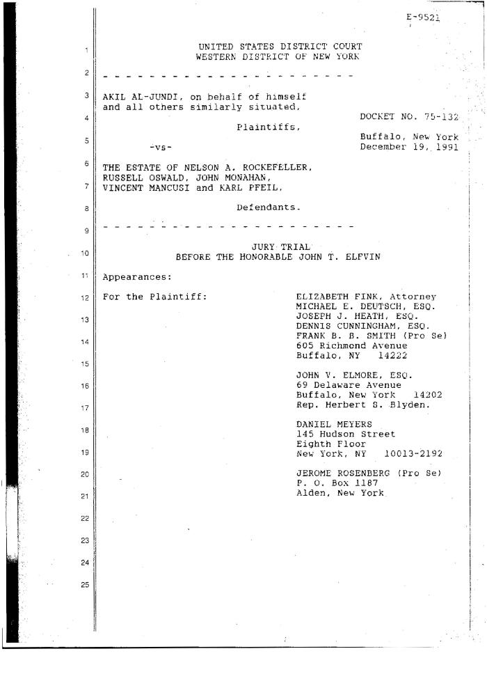 Transcript of the jury trial before the Honorable John T. Elfvin, United States District Court, Western District of New York.
