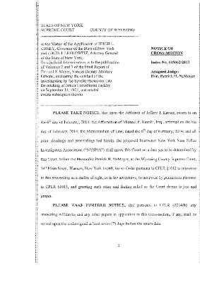 Notice of Cross-Motion of State Police Investigators Association, In the Application for a Judicial Determination as to the publication of Volumes 2 and 3 of the Meyer Report before the Honorable Patrick H. NeMoyer, State of New York Supreme Court, County of Wyoming.