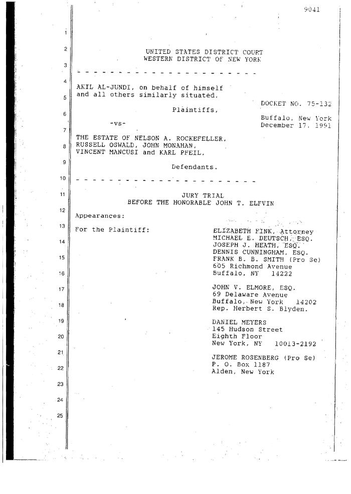 Transcript of the jury trial before the Honorable John T. Elfvin, United States District Court, Western District of New York.