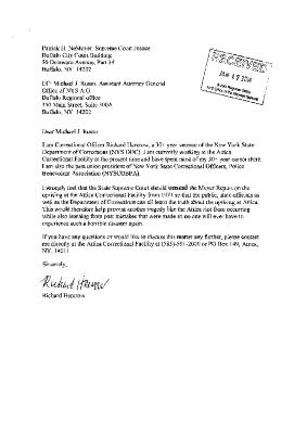 Letter from Richard Harcrow in support for the release of the Meyer Report, In the Application for a Judicial Determination as to the publication of Volumes 2 and 3 of the Meyer Report before the Honorable Patrick H. NeMoyer, State of New York Supreme Court, County of Wyoming.