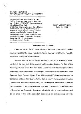 Reply Memorandum of Petitioner, In the Application for a Judicial Determination as to the publication of Volumes 2 and 3 of the Meyer Report before the Honorable Patrick H. NeMoyer, State of New York Supreme Court, County of Wyoming.