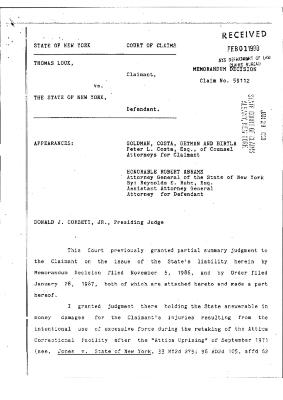 Memorandum Decision of the Honorable Donald J. Corbett, Jr. concerning the Claim of Thomas Louk, State of New York Court of Claims, Claim 59112