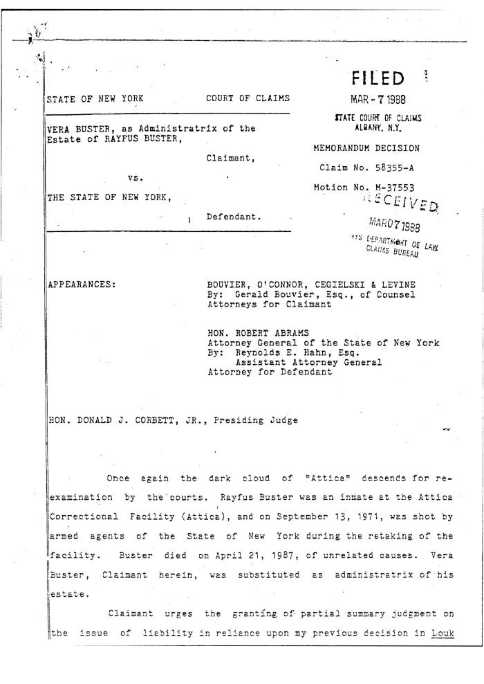 Memorandum Decision of the Honorable Donald J. Corbett, Jr. concerning the Claim of Rayfus Buster, State of New York Court of Claims, Claim 58355-A.