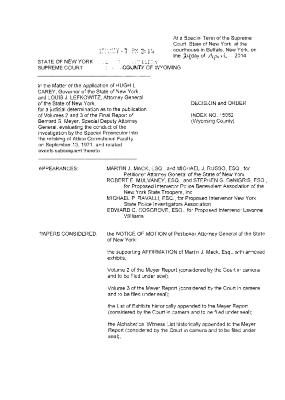 Decision and Order of J.S.C. NeMoyer, In the Application for a Judicial Determination as to the publication of Volumes 2 and 3 of the Meyer Report before the Honorable Patrick H. NeMoyer, State of New York Supreme Court, County of Wyoming.