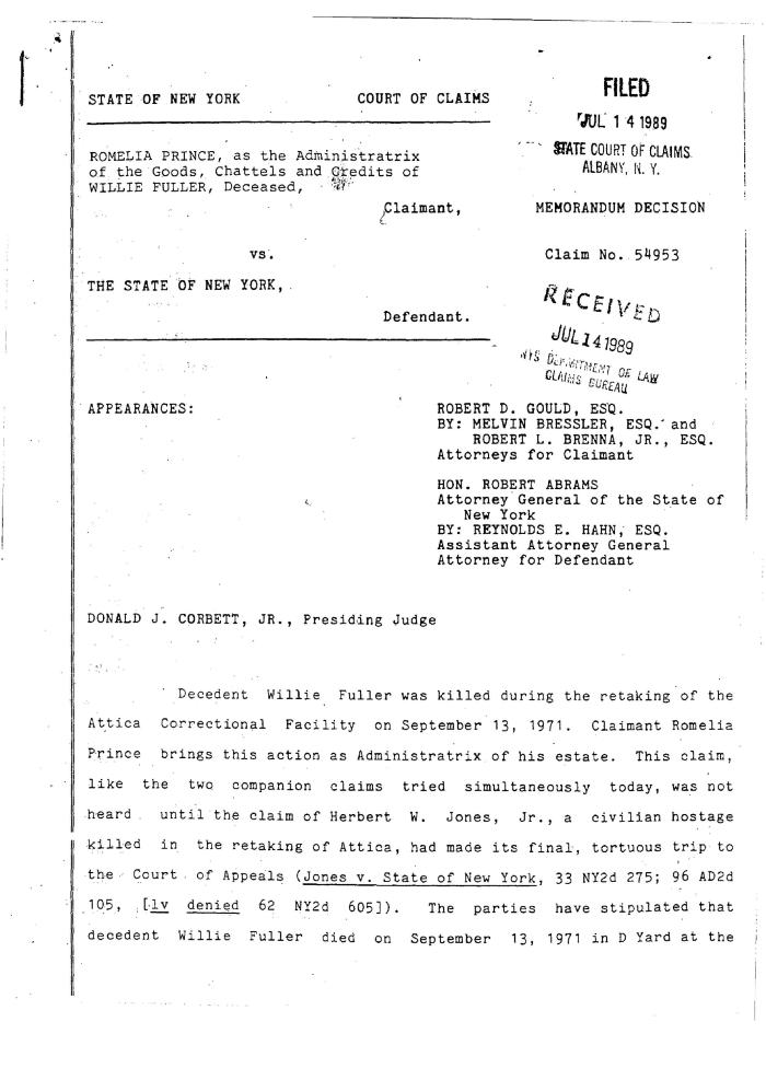 Memorandum Decision of the Honorable Donald J. Corbett, Jr. concerning the Claim of Willie Fuller, State of New York Court of Claims, Claim 54953.