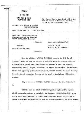 Order Permitting Discovery of the Honorable Robert M. Quigley, concerning the Claim of Melvin DuVall Gray, State of New York Court of Claims, Claim 57776.