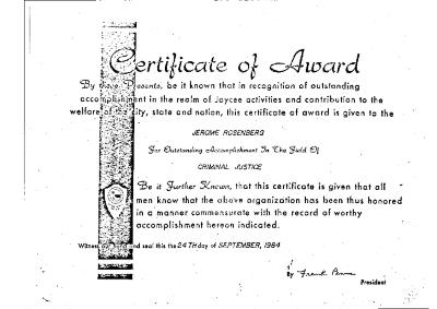 Certificate of Award Presented to Jerome Rosenberg