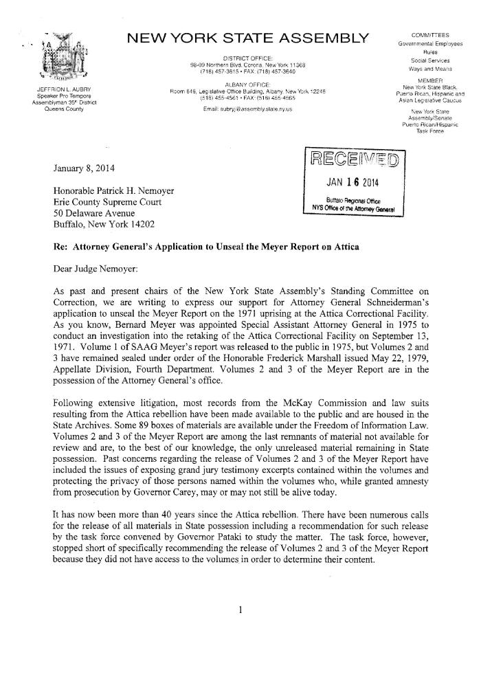 Letter from the New York State Assembly Standing Committee on Correction in support of release of the Meyer Report, In the Application for a Judicial Determination as to the publication of Volumes 2 and 3 of the Meyer Report before the Honorable Patrick H. NeMoyer, State of New York Supreme Court, County of Wyoming.