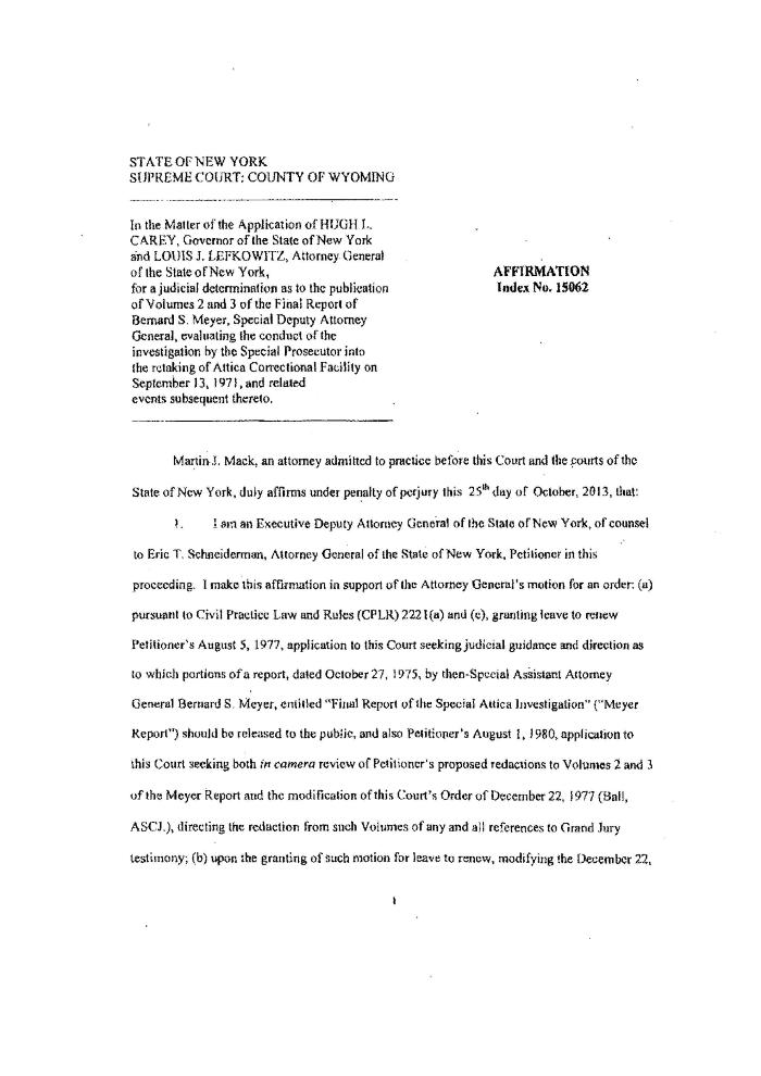 Supporting Affirmation of Mack for Petitioner, In the Application for a Judicial Determination as to the publication of Volumes 2 and 3 of the Meyer Report before the Honorable Patrick H. NeMoyer, State of New York Supreme Court, County of Wyoming.