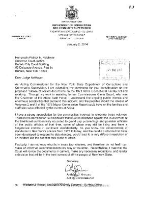 Letter from Acting Commissioner of Corrections in support for release of the Meyer Report, In the Application for a Judicial Determination as to the publication of Volumes 2 and 3 of the Meyer Report before the Honorable Patrick H. NeMoyer, State of New York Supreme Court, County of Wyoming.