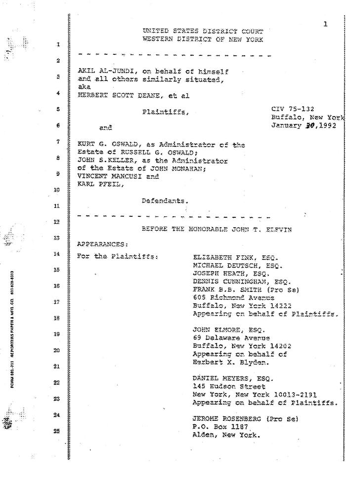 Transcript of the jury trial before the Honorable John T. Elfvin, United States District Court, Western District of New York.