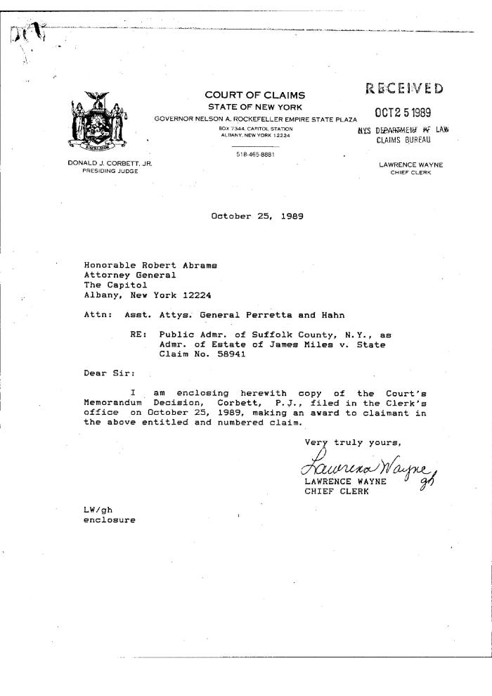 Memorandum Decision of the Honorable Donald J. Corbett, Jr. concerning the Claim of James Miles, State of New York Court of Claims, Claim 58941.