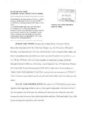 Notice of Cross-Motion of the Police Benevolent Association, In the Application for a Judicial Determination as to the publication of Volumes 2 and 3 of the Meyer Report before the Honorable Patrick H. NeMoyer, State of New York Supreme Court, County of Wyoming.