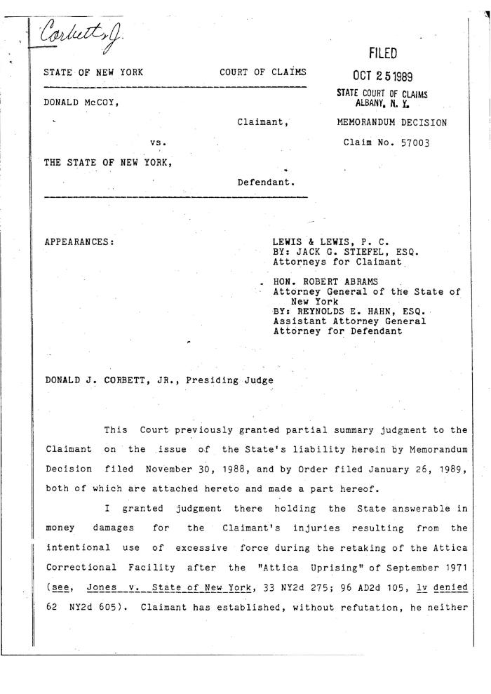 McCoy v. State of New York - Memorandum Decisions