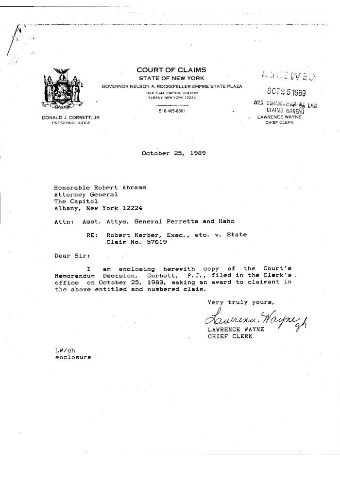 Memorandum Decision of the Honorable Donald J. Corbett, Jr. concerning the Claim of Paul K. Kerber, State of New York Court of Claims, Claim 57619.