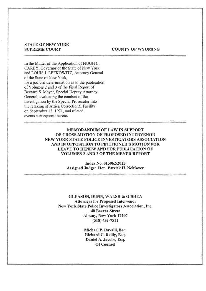 Memorandum of Law of Proposed Intervenor State Police Investigators Association, In the Application for a Judicial Determination as to the publication of Volumes 2 and 3 of the Meyer Report before the Honorable Patrick H. NeMoyer, State of New York Supreme Court, County of Wyoming.