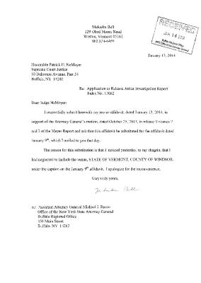 Affidavit of Malcolm Bell, In the Application for a Judicial Determination as to the publication of Volumes 2 and 3 of the Meyer Report before the Honorable Patrick H. NeMoyer, State of New York Supreme Court, County of Wyoming.