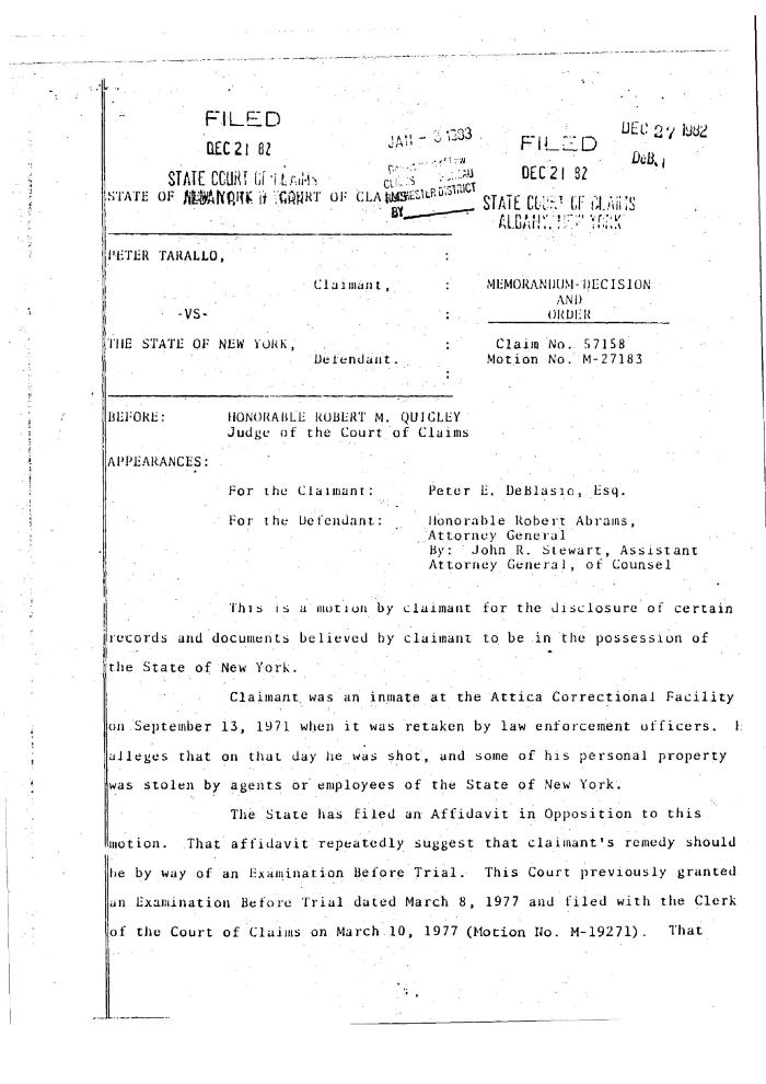 Memorandum Decision and Order of the Honorable Robert M. Quigley concerning the Claim of Peter Tarallo, State of New York Court of Claims, Claim 57158.