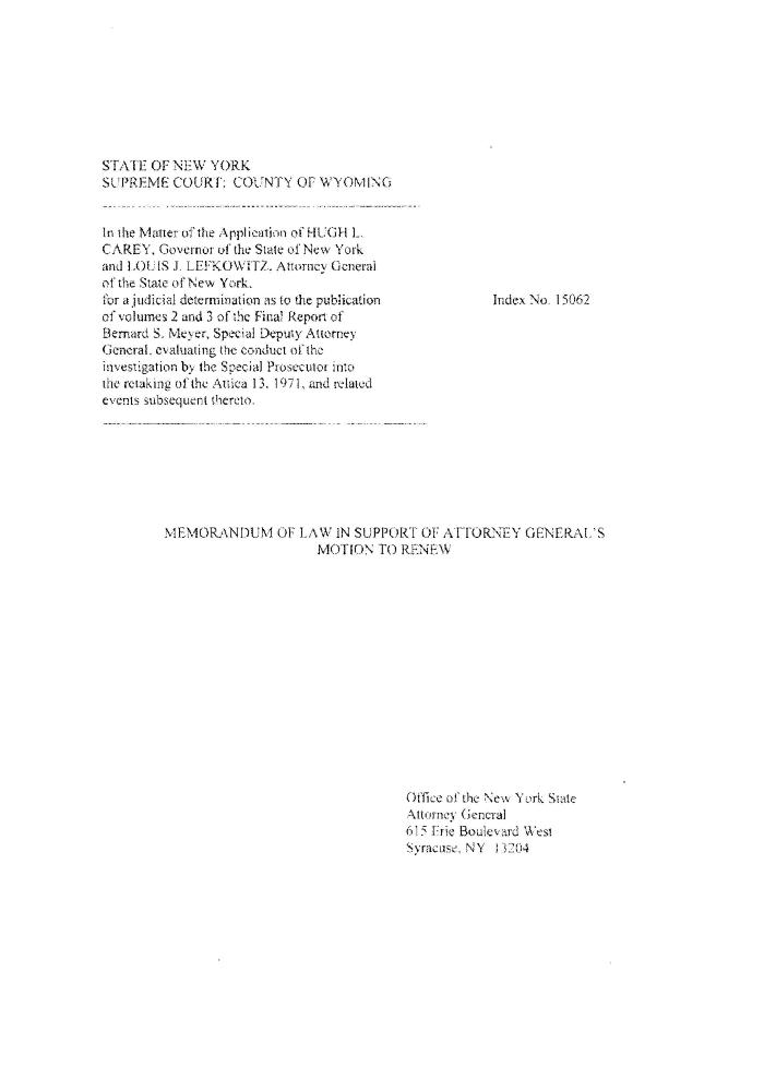 Memorandum of Law of Attorney General, In the Application for a Judicial Determination as to the publication of Volumes 2 and 3 of the Meyer Report before the Honorable Patrick H. NeMoyer, State of New York Supreme Court, County of Wyoming