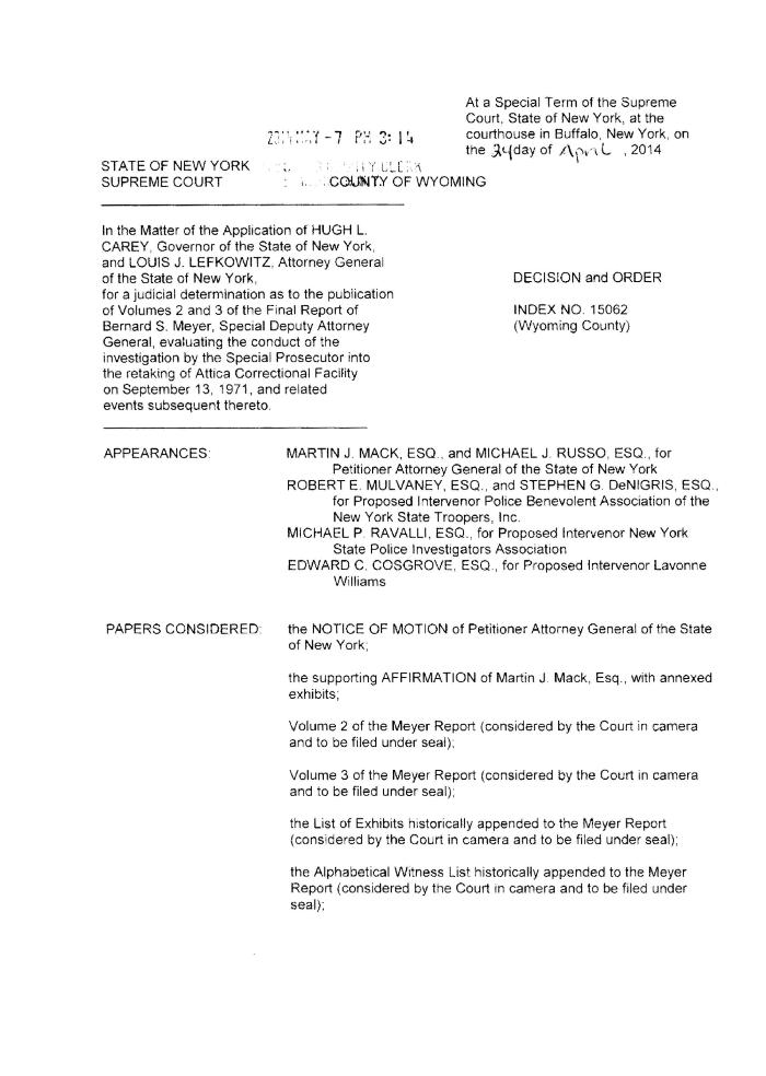 Decision and Order of J.S.C. NeMoyer, In the Application for a Judicial Determination as to the publication of Volumes 2 and 3 of the Meyer Report before the Honorable Patrick H. NeMoyer, State of New York Supreme Court, County of Wyoming.