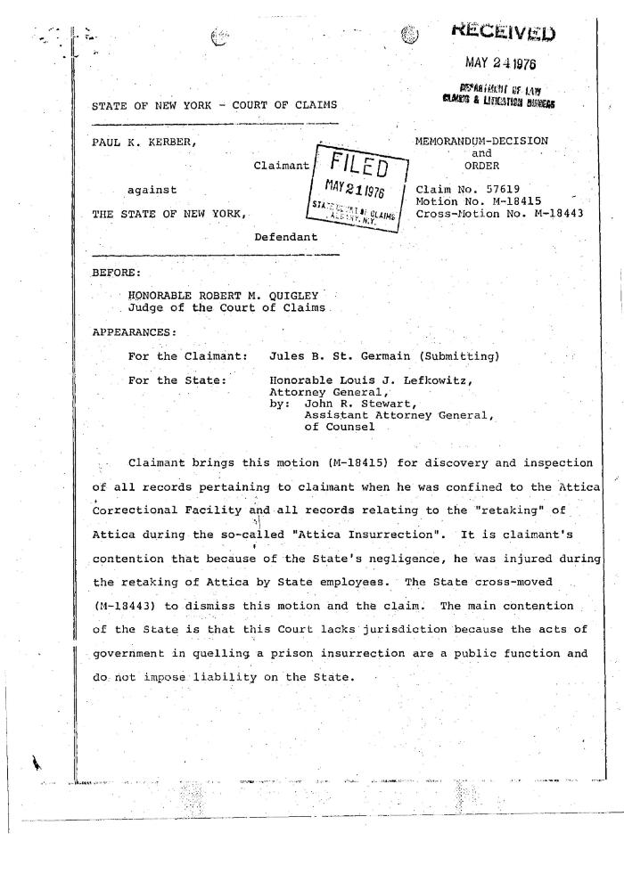 Memorandum Decision and Order of the Honorable Robert M. Quigley concerning the Claim of Paul K. Kerber, State of New York Court of Claims, Claim 57619.