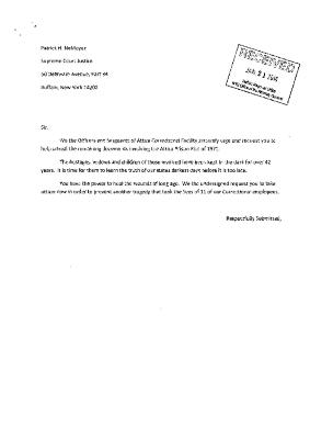 Letter from the Officers and Sergeants of Attica Correctional Facility, In the Application for a Judicial Determination as to the publication of Volumes 2 and 3 of the Meyer Report before the Honorable Patrick H. NeMoyer, State of New York Supreme Court, County of Wyoming.