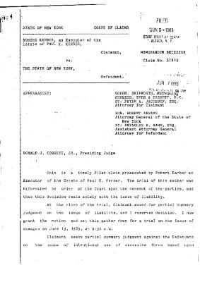 Memorandum Decision of the Honorable Donald J. Corbett, Jr. concerning the Claim of Paul K.Kerber, State of New York Court of Claims, Claim 57619