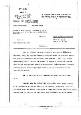 Order Permitting Discovery of the Honorable Robert M. Quigley concerning the Claim of Willie West, State of New York Court of Claims, Claim 57777.