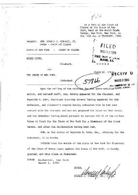 Memorandum Decision of the Honorable Donald J. Corbett, Jr. concerning the Claim of Moses Lopez, State of New York Court of Claims, Claim 57866.