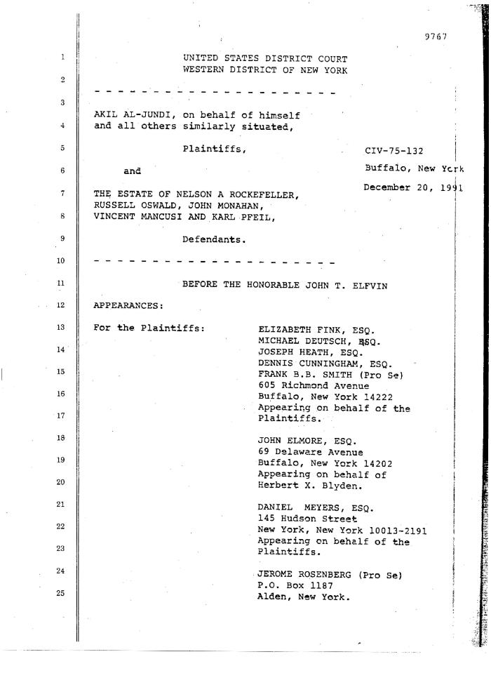 Transcript of the jury trial before the Honorable John T. Elfvin, United States District Court, Western District of New York.