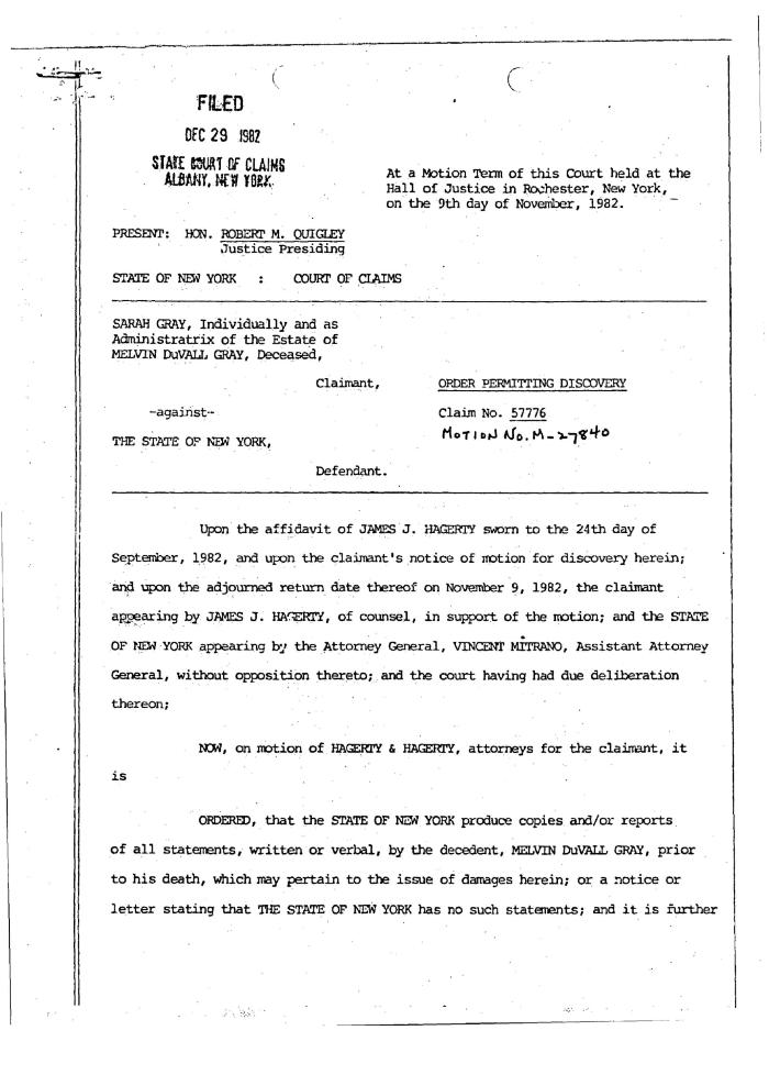 Order Permitting Discovery of the Honorable Robert M. Quigley, concerning the Claim of Melvin DuVall Gray, State of New York Court of Claims, Claim 57776.