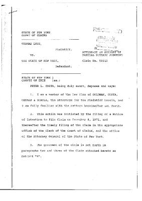 Affidavit in Support concerning the Claim of Thomas Louk, State of New York Court of Claims, Claim 59112.