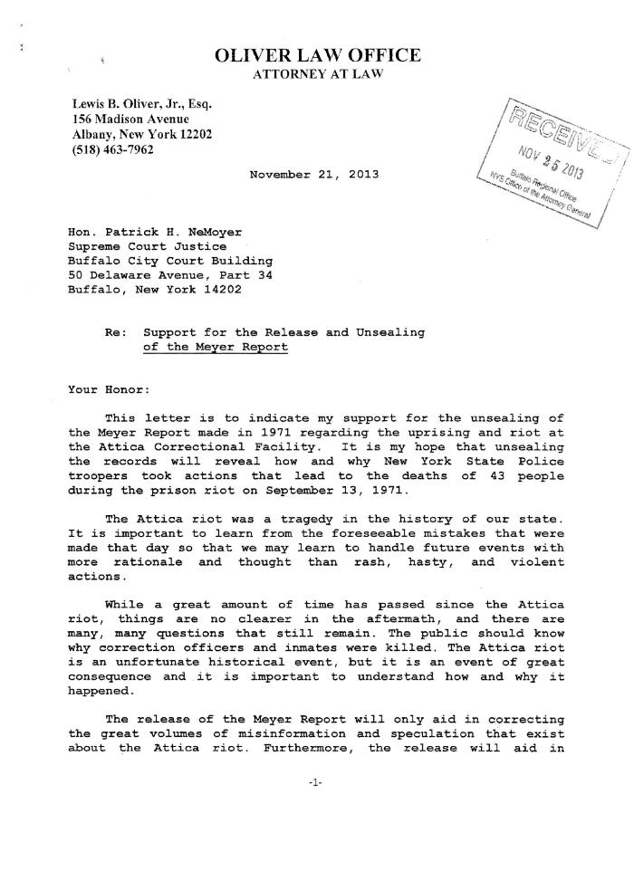 Louis B. Oliver, Jr. Letter of support for the Release and Unsealing of the Meyer Report, In the Application for a Judicial Determination as to the publication of Volumes 2 and 3 of the Meyer Report before the Honorable Patrick H. NeMoyer, State of New York Supreme Court, County of Wyoming.