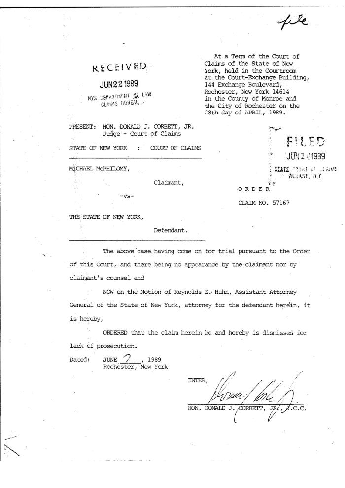 Decision, Claim of Michael McPhilomy, State of New York Court of Claims, Claim 57167.