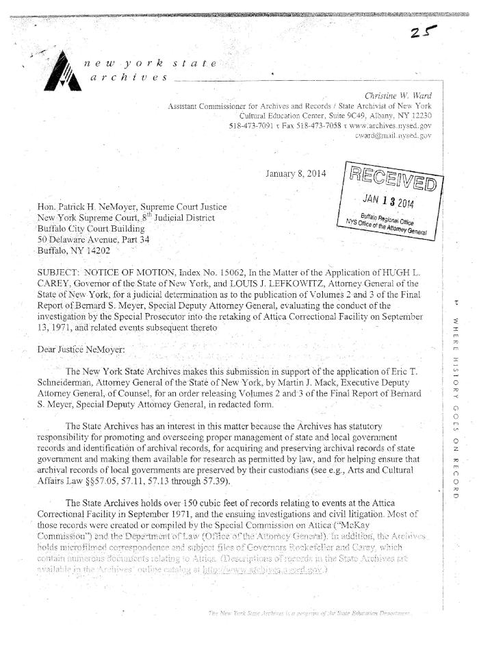 Letter from the New York State Archivist in support for the release of the Meyer Report, In the Application for a Judicial Determination as to the publication of Volumes 2 and 3 of the Meyer Report before the Honorable Patrick H. NeMoyer, State of New York Supreme Court, County of Wyoming.