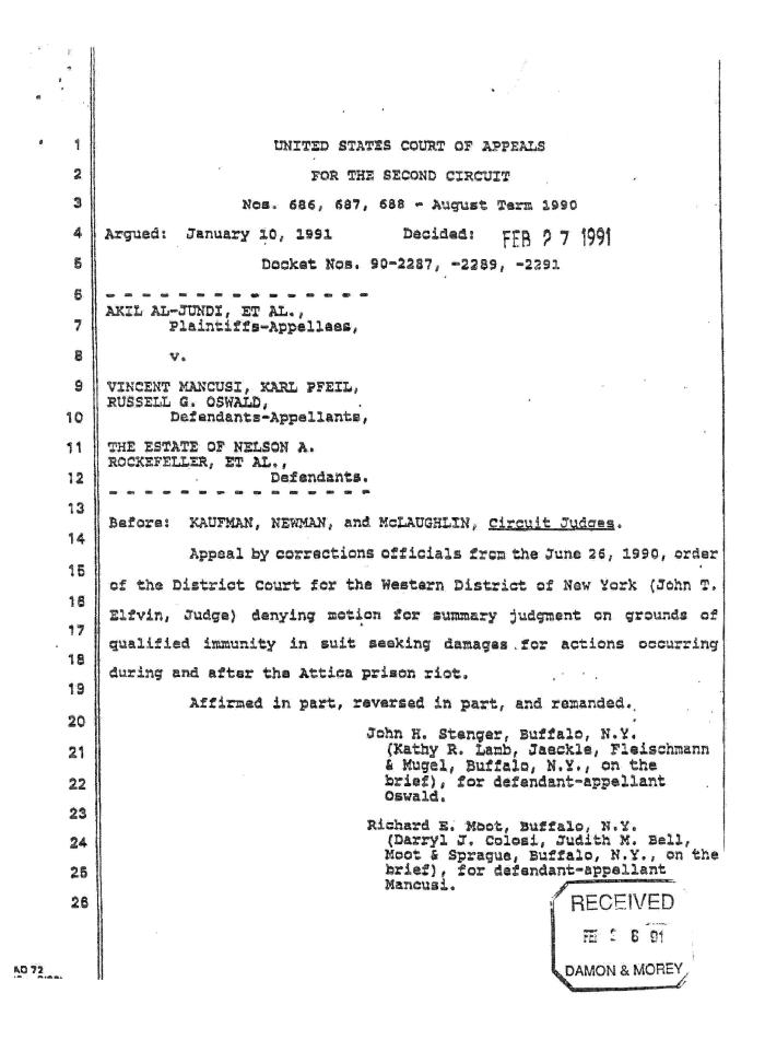 Decision by the United State Court of Appeals for the Second Circuit in the matter of Akil Al-Jundi et al. v. Mancusi et al.