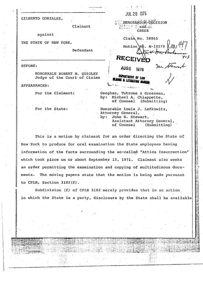 Memorandum Decision and Order of the Honorable Robert M. Quigley concerning the Claim of Gilberto Gonzalez, State of New York Court of Claims, Claim 58865.