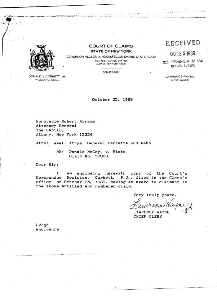 Memorandum Decision of the Honorable Donald J. Corbett, Jr. concerning the Claim of Donald McCoy, State of New York Court of Claims, Claim 57003.