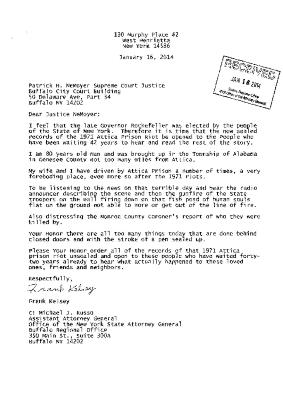 Letter from Frank Kelsey in support for the release of the Meyer Report, In the Application for a Judicial Determination as to the publication of Volumes 2 and 3 of the Meyer Report before the Honorable Patrick H. NeMoyer, State of New York Supreme Court, County of Wyoming.