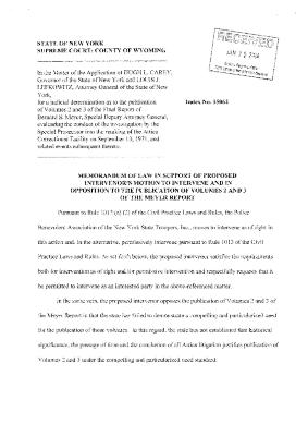 Memorandum of Law In Support of Proposed Intervenor Police Benevolent Association, In the Application for a Judicial Determination as to the publication of Volumes 2 and 3 of the Meyer Report before the Honorable Patrick H. NeMoyer, State of New York Supreme Court, County of Wyoming.