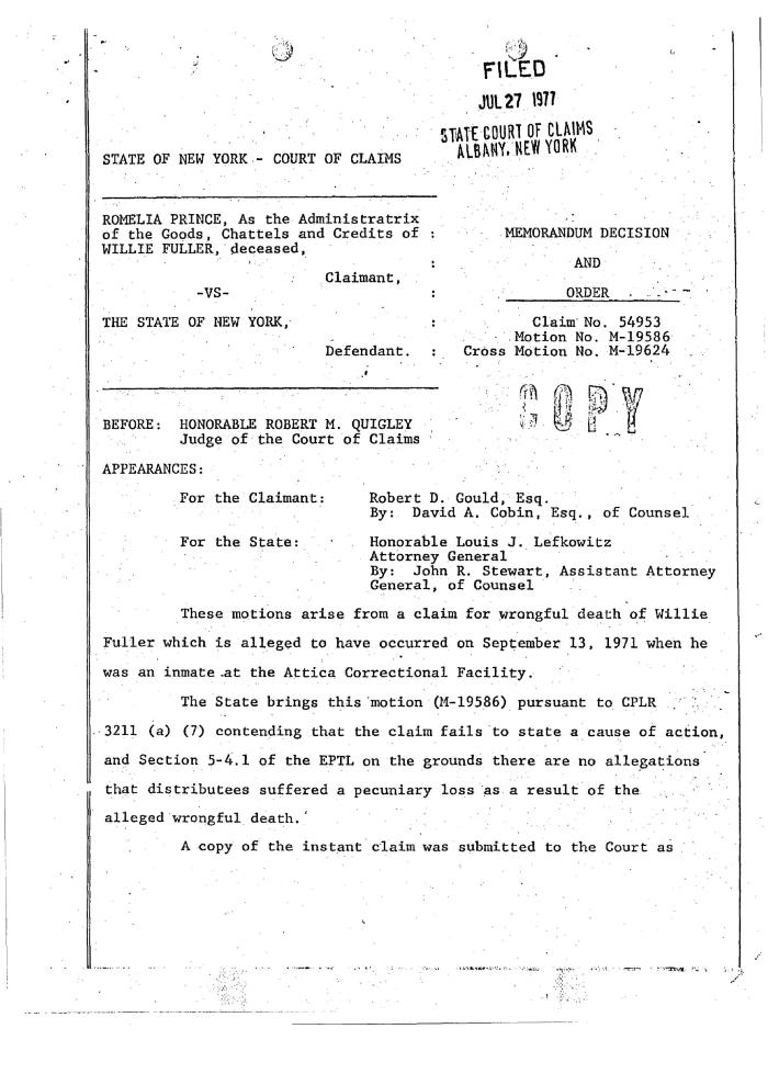 Memorandum Decision of the Honorable  Robert M. Quigley, concerning the Claim of Willie Fuller, State of New York Court of Claims, Claim 54953.