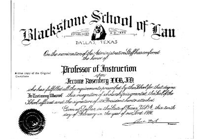 Diploma Issued to Jerome Rosenberg by Blackstone School of Law