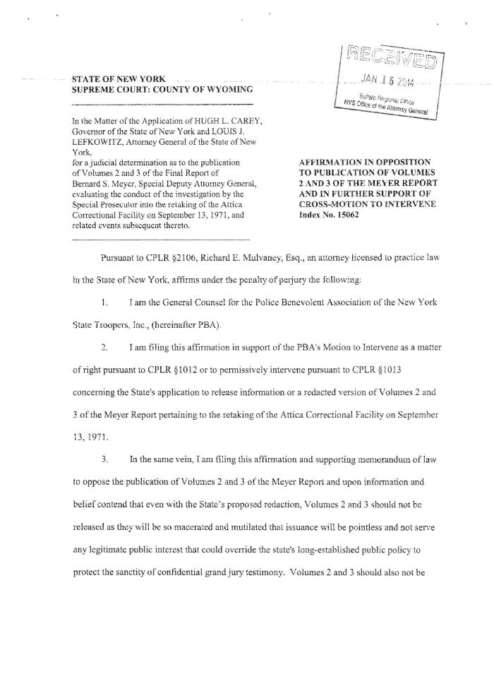 Affirmation in Opposition of Mulvaney, In the Application for a Judicial Determination as to the publication of Volumes 2 and 3 of the Meyer Report before the Honorable Patrick H. NeMoyer, State of New York Supreme Court, County of Wyoming