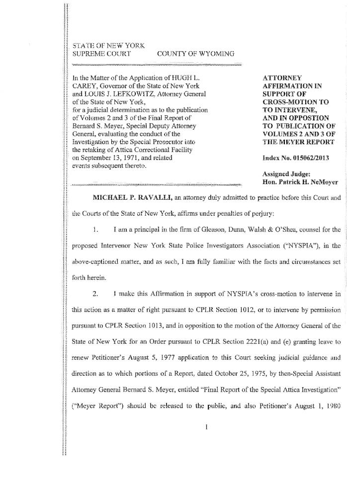 Support Affirmation of Ravalli, In the Application for a Judicial Determination as to the publication of Volumes 2 and 3 of the Meyer Report before the Honorable Patrick H. NeMoyer, State of New York Supreme Court, County of Wyoming.