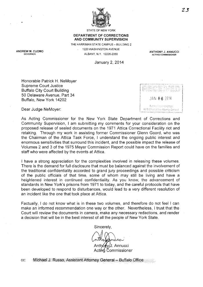 Letter from Acting Commissioner of Corrections in support for release of the Meyer Report, In the Application for a Judicial Determination as to the publication of Volumes 2 and 3 of the Meyer Report before the Honorable Patrick H. NeMoyer, State of New York Supreme Court, County of Wyoming.