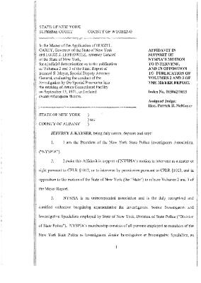 Affidavit of Kayser, In the Application for a Judicial Determination as to the publication of Volumes 2 and 3 of the Meyer Report before the Honorable Patrick H. NeMoyer, State of New York Supreme Court, County of Wyoming.