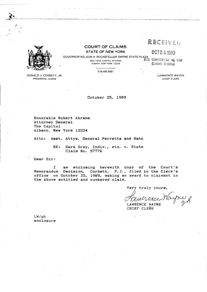 Memorandum Decision of the Honorable Donald J. Corbett, Jr. concerning the Claim of Melvin DuVall Gray, State of New York Court of Claims, Claim 57776.