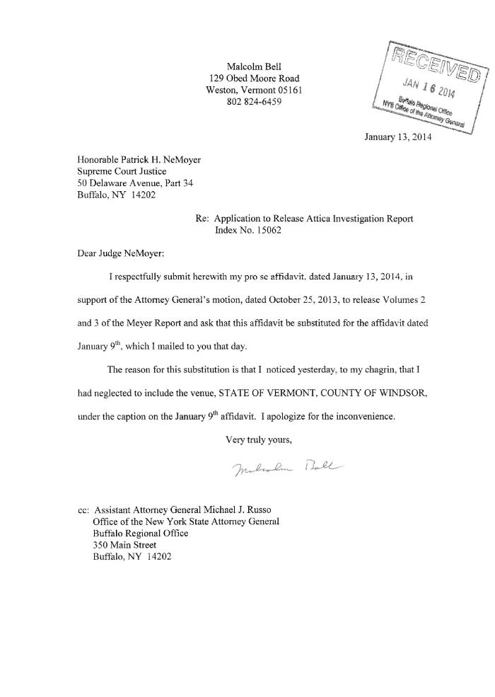 Affidavit of Malcolm Bell, In the Application for a Judicial Determination as to the publication of Volumes 2 and 3 of the Meyer Report before the Honorable Patrick H. NeMoyer, State of New York Supreme Court, County of Wyoming.