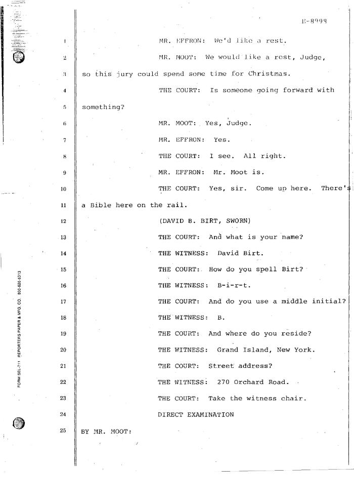 Transcript of the jury trial before the Honorable John T. Elfvin, United States District Court, Western District of New York.